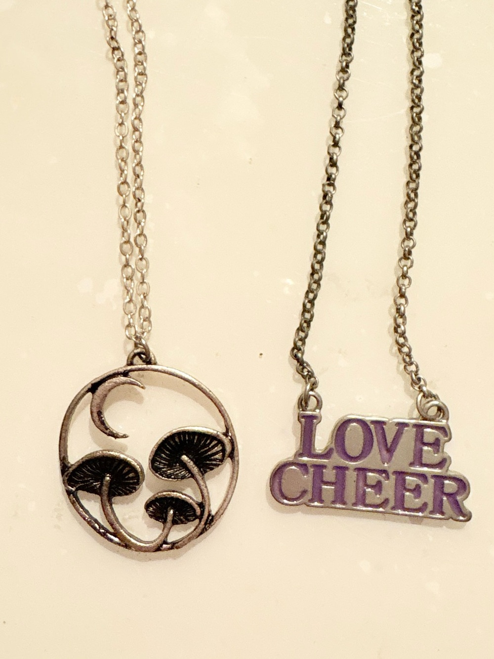 2pc Silver Tone Adjustable Necklace Set Mushroom &
Purple "LOVE CHEER"
Pendants